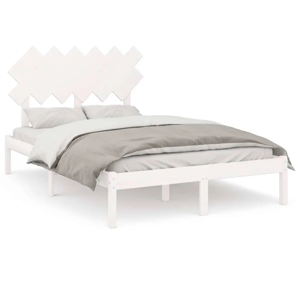 Bed Frame White 135x190 cm Solid Pine Wood Slats Headboard Bedroom Furniture