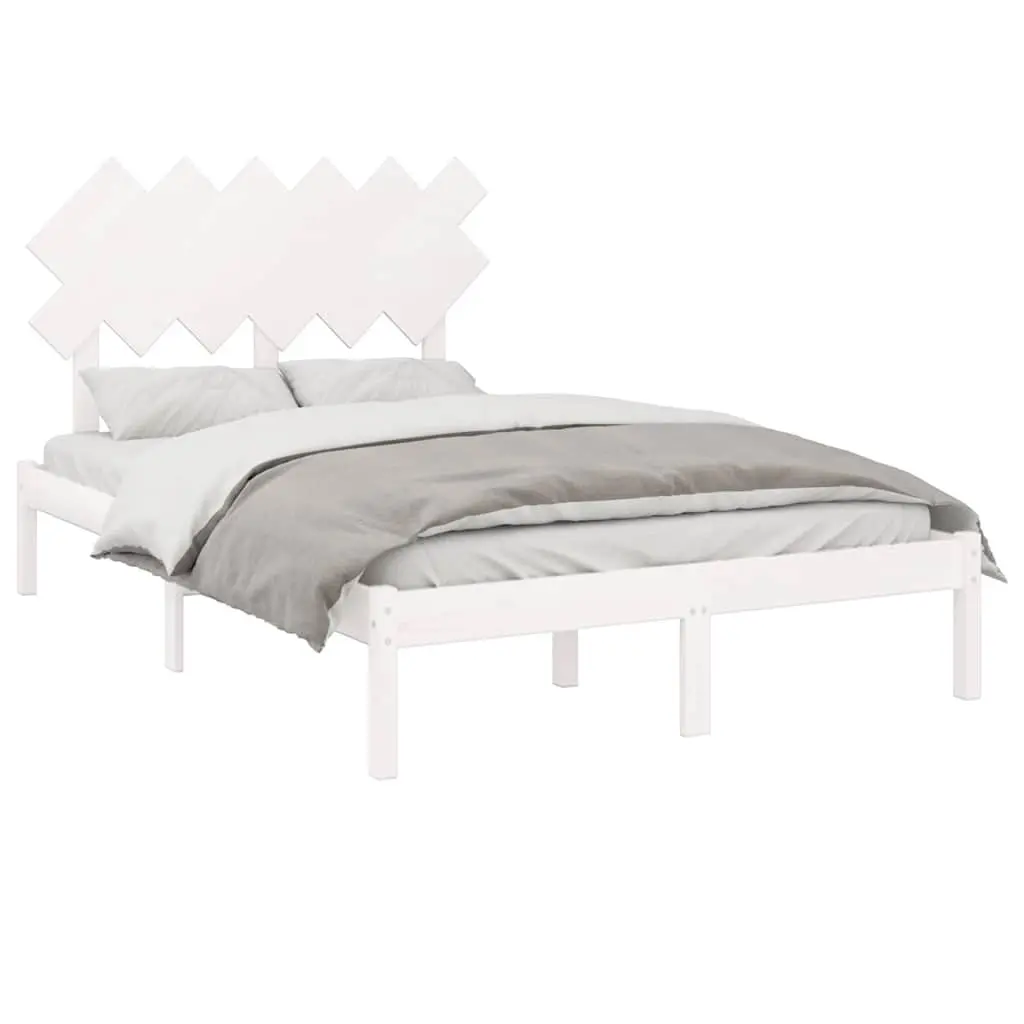Bed Frame White 135x190 cm Solid Pine Wood Slats Headboard Bedroom Furniture