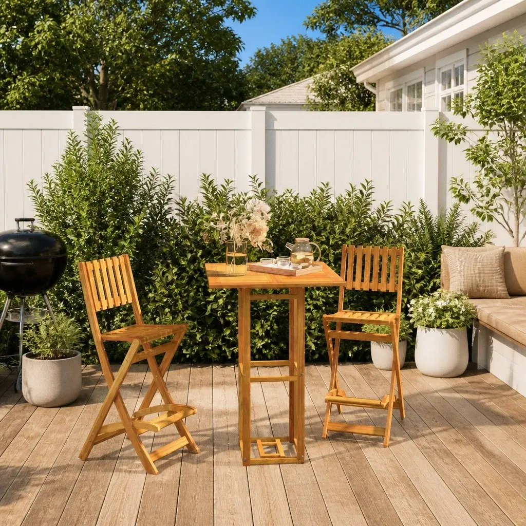 3 Piece Outdoor Bar Set Foldable Brown Acacia Wood Patio Furniture