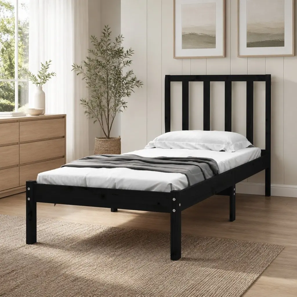 Bed Frame Single 90x190 cm Solid Pine Wood Black Bedroom Furniture Slats