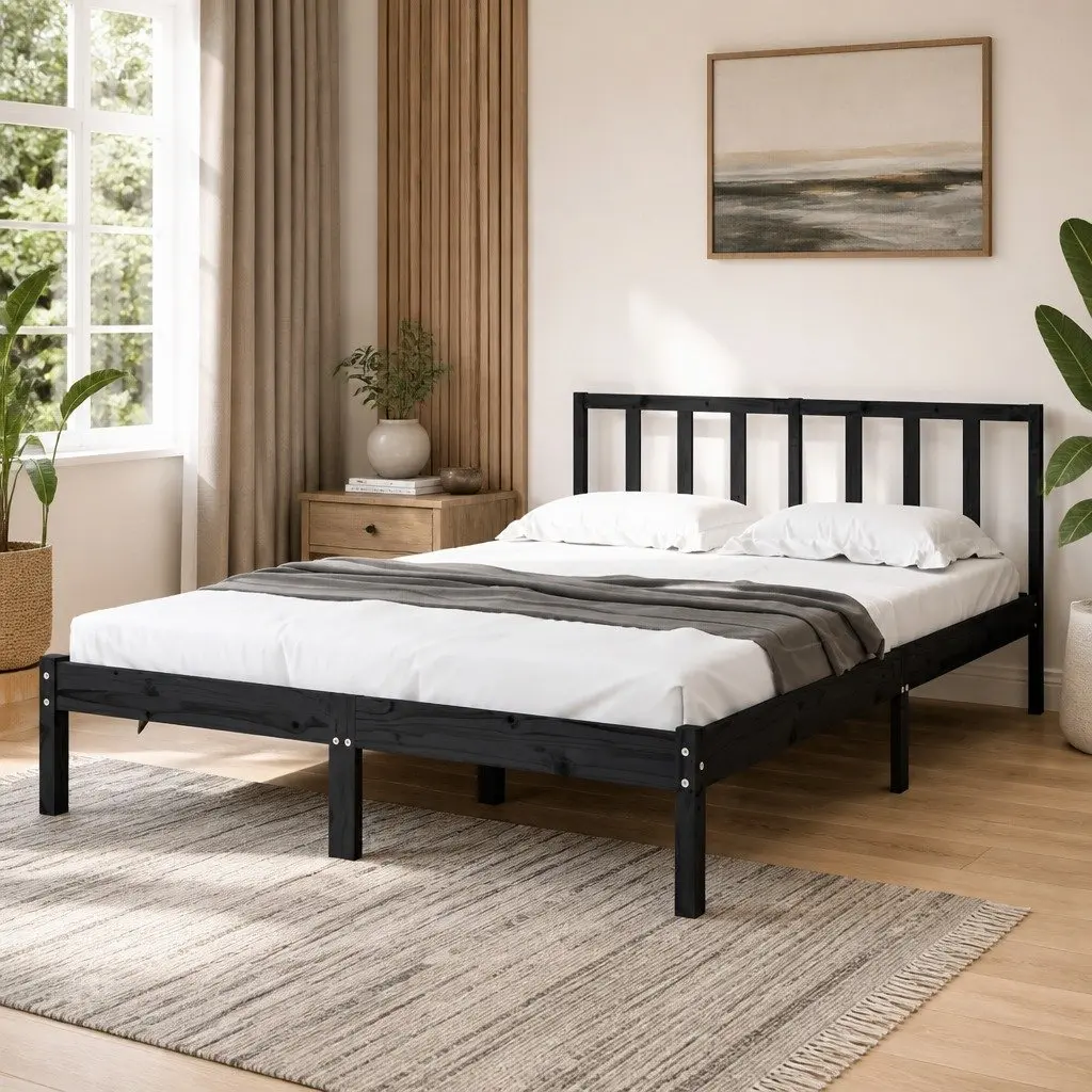 Bed Frame 135x190 cm Black Solid Pine Wood Bedroom Furniture Headboard Support