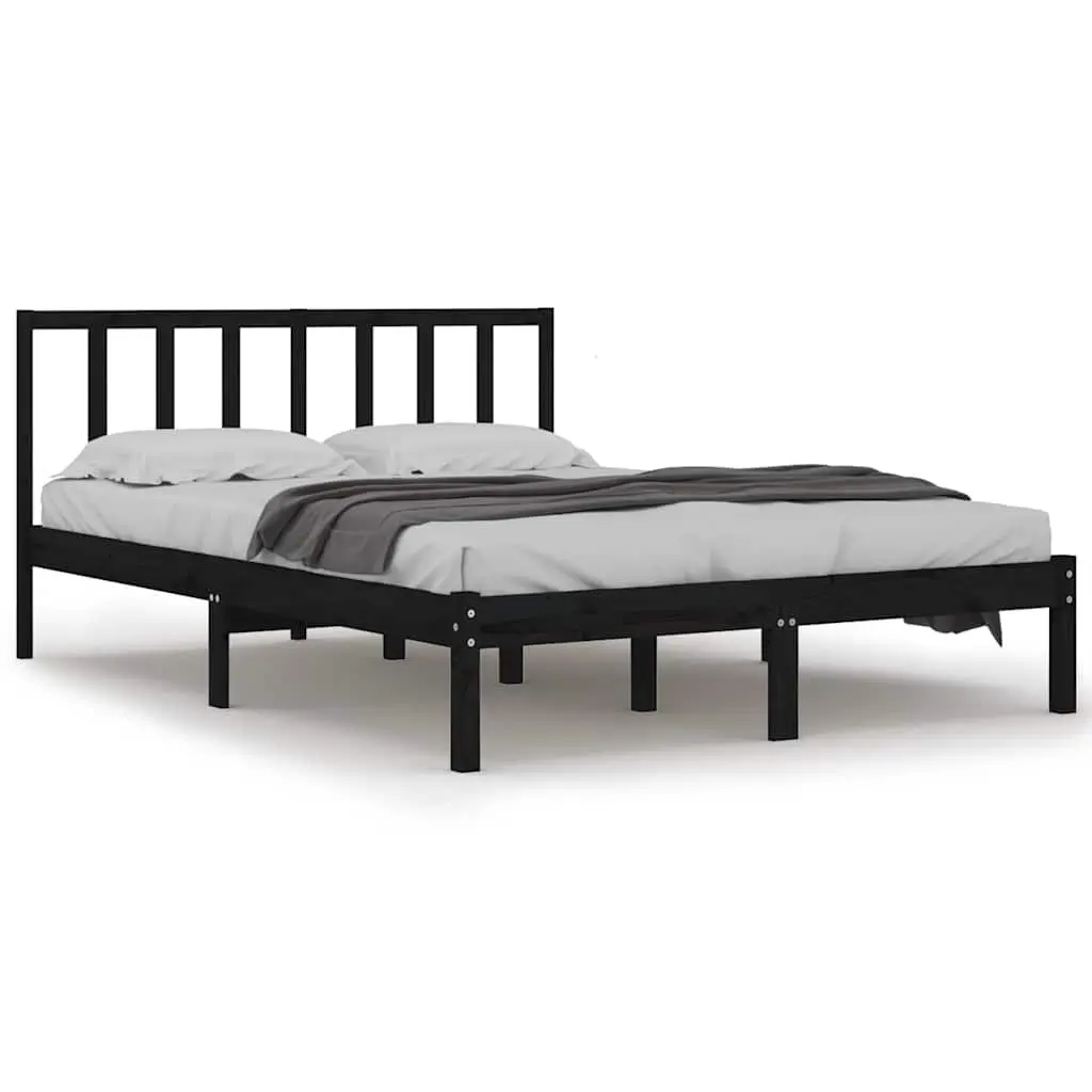 Bed Frame 135x190cm Black Wooden Solid Pine Construction with Headboard Support