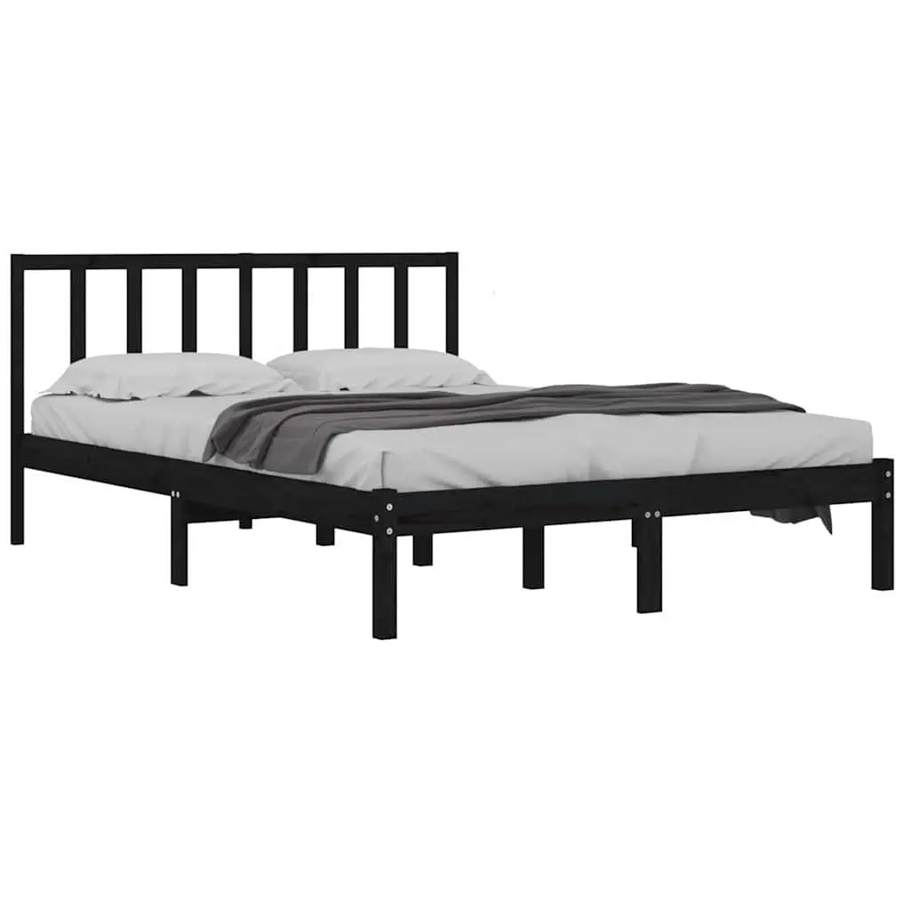 Bed Frame 135x190cm Black Wooden Solid Pine Construction with Headboard Support