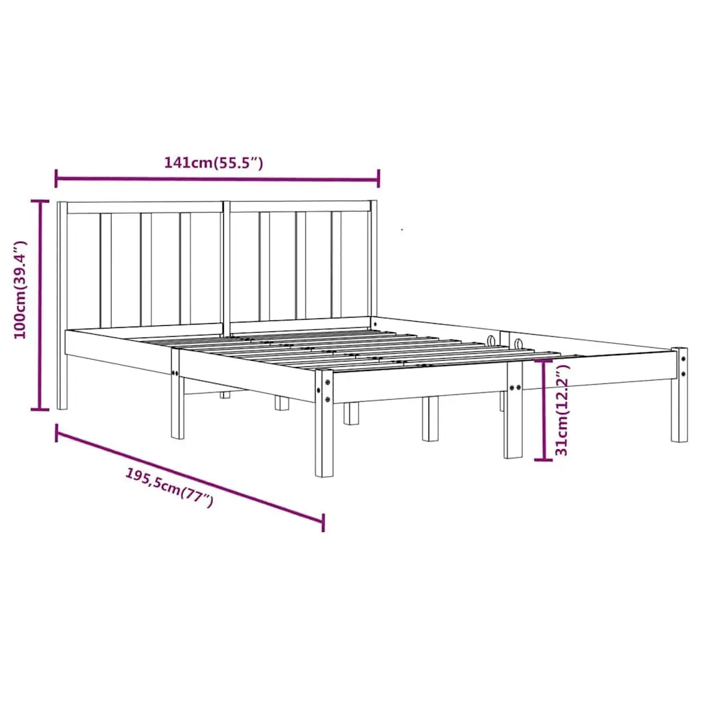 Bed Frame 135x190cm Black Wooden Solid Pine Construction with Headboard Support