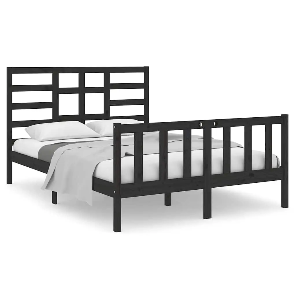 Bed Frame Solid Pine Wood 135x190 cm Black with Headboard Footboard