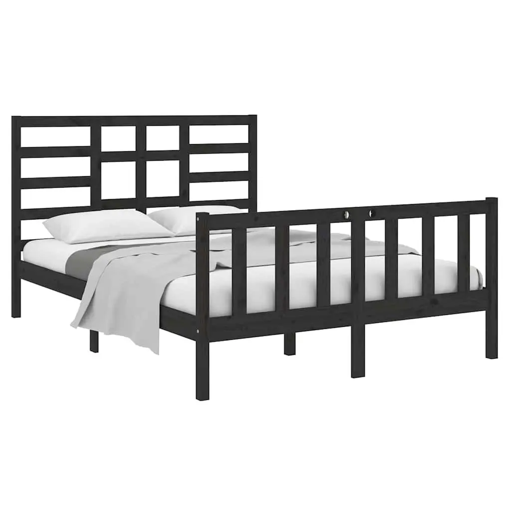 Bed Frame Solid Pine Wood 135x190 cm Black with Headboard Footboard