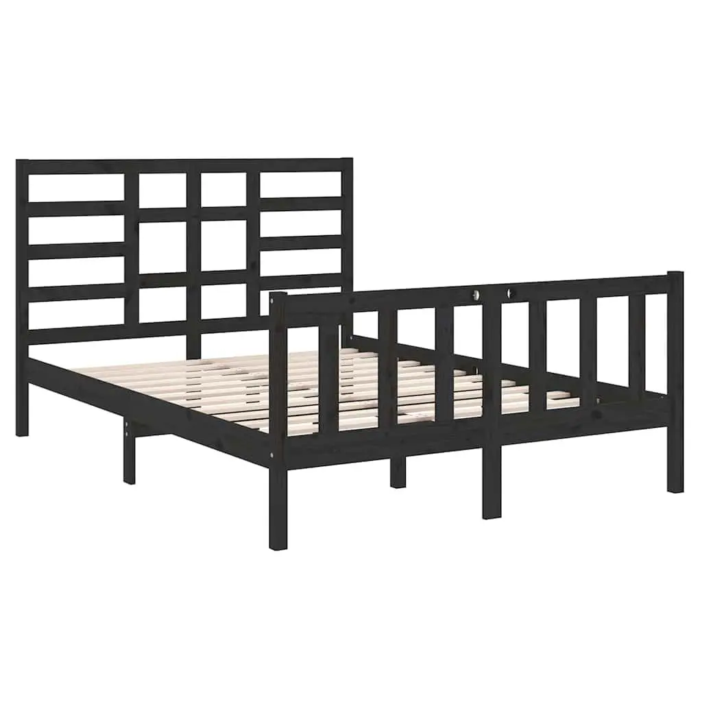 Bed Frame Solid Pine Wood 135x190 cm Black with Headboard Footboard