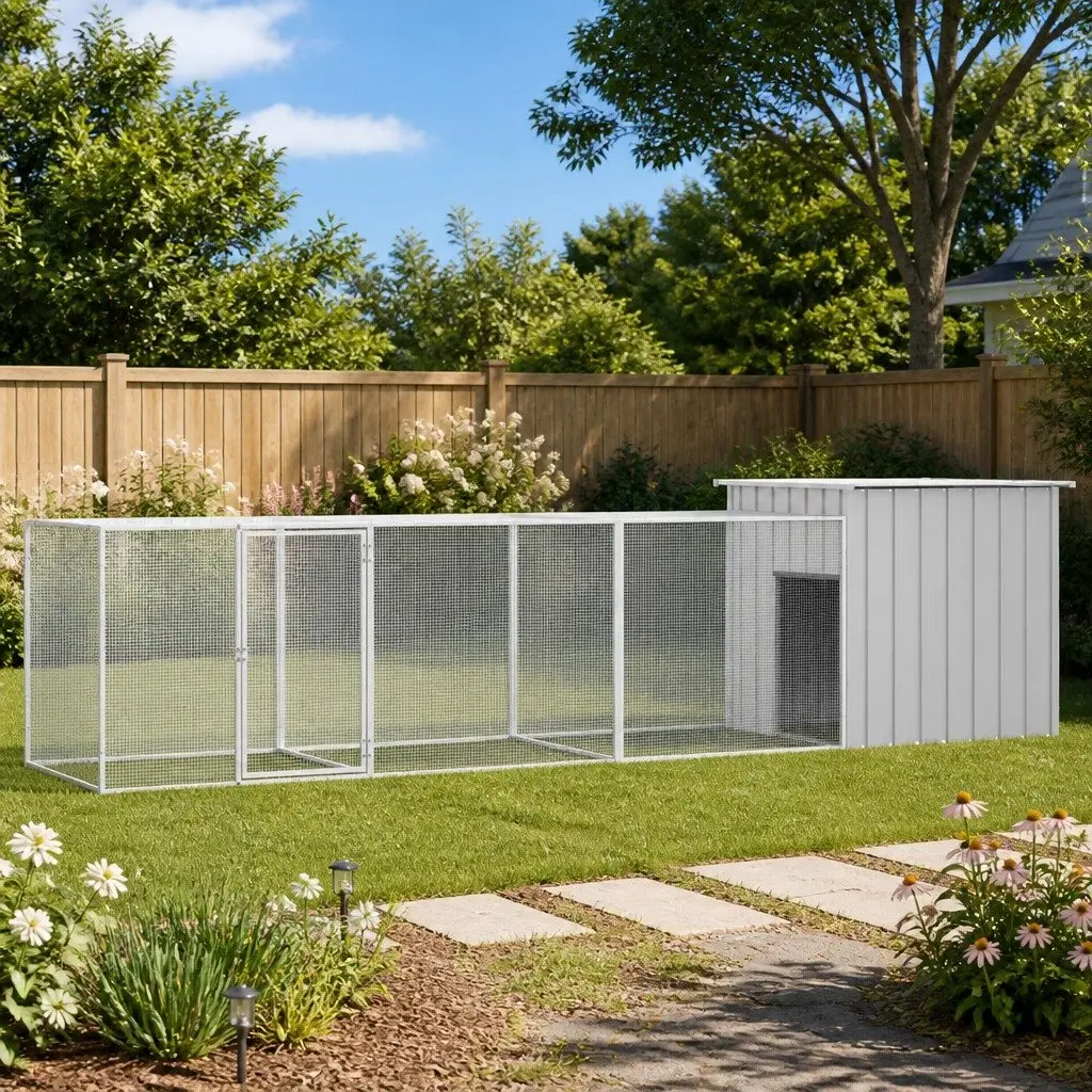 Chicken Coop Outdoor Grey 400x91x100cm Galvanised Steel Small Animal Enclosure with Lockable Door and Extension