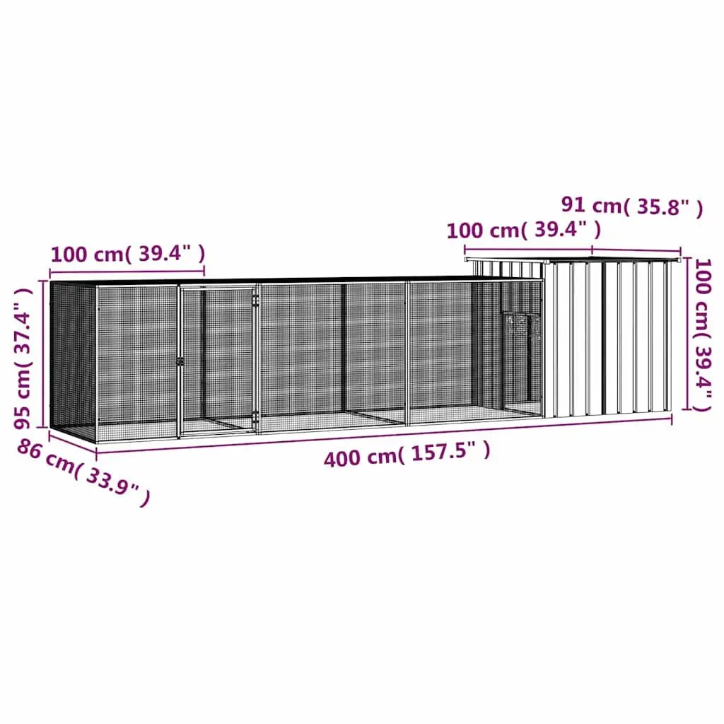 Chicken Coop Outdoor Grey 400x91x100cm Galvanised Steel Small Animal Enclosure with Lockable Door and Extension