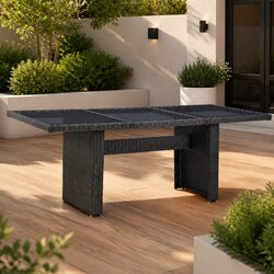 Garden Dining Table Black Outdoor Patio Furniture Glass Tabletop Rattan Frame