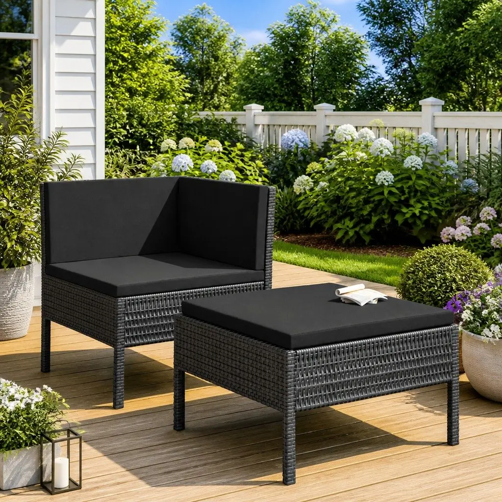 Garden Lounge Set 2 Piece Outdoor Furniture Poly Rattan Cushions Black