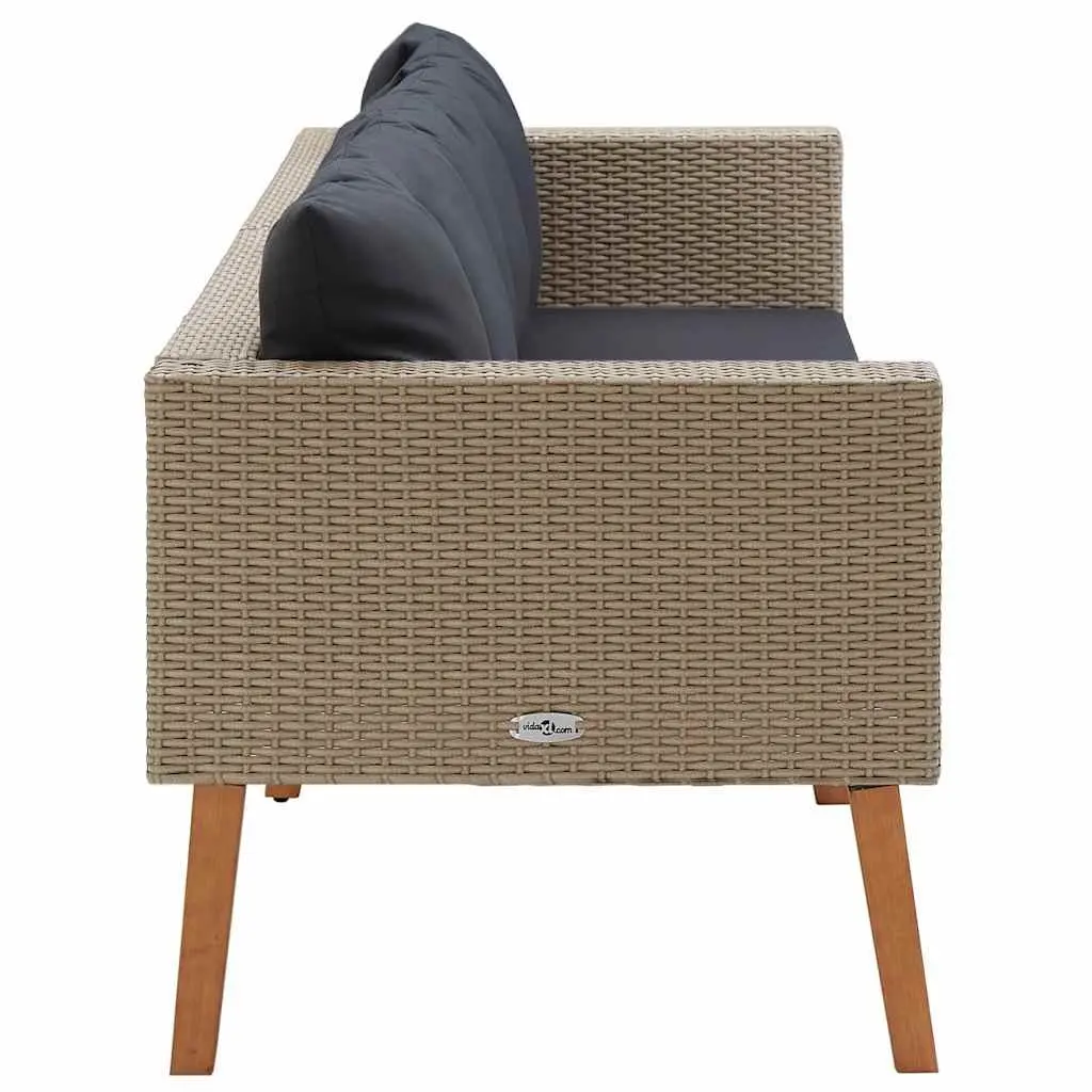 BeigeOutdoor3SeaterSofaPolyRattanPatioCouchwithCushionsDurablePowderCoatedSteelFrame