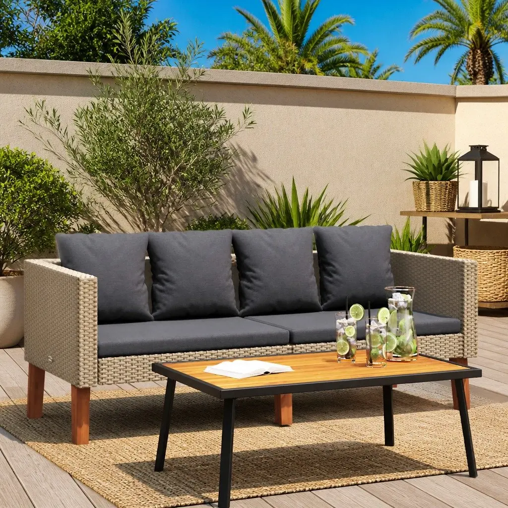 2-Seater Outdoor Garden Sofa PE Rattan Steel Frame Beige