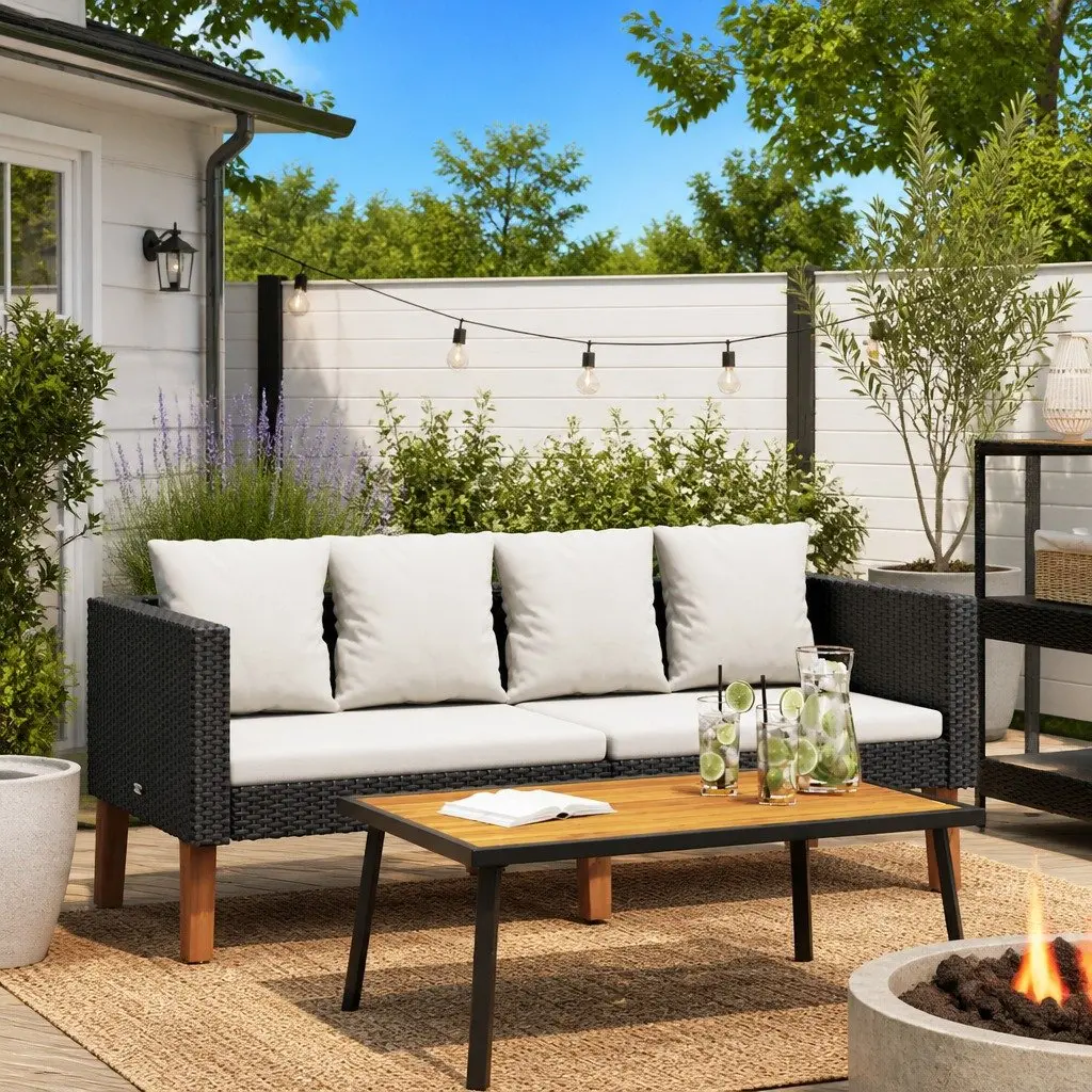 2-Seater Garden Sofa Black Poly Rattan Outdoor Lounge Couch with Cushions