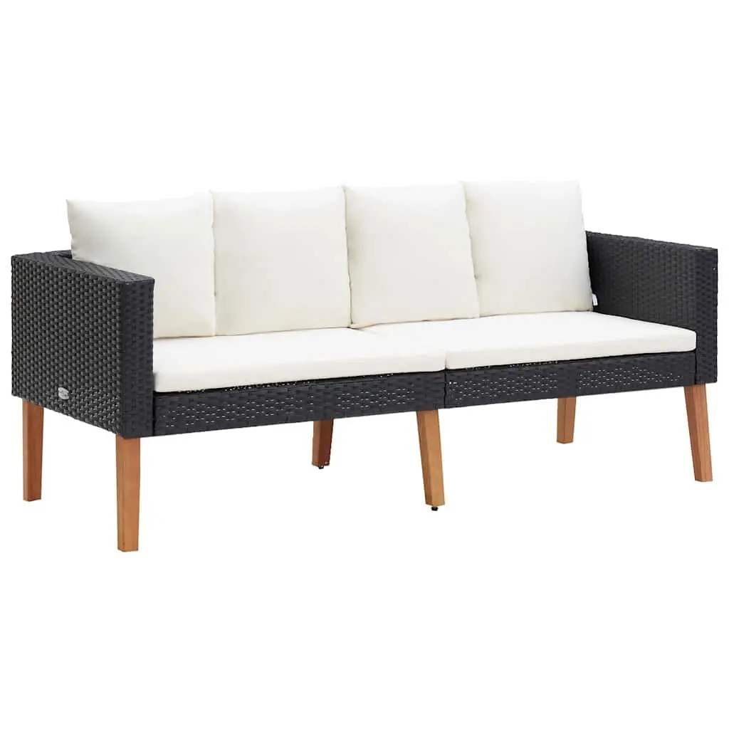 2-Seater Garden Sofa Black Poly Rattan Outdoor Lounge Couch with Cushions
