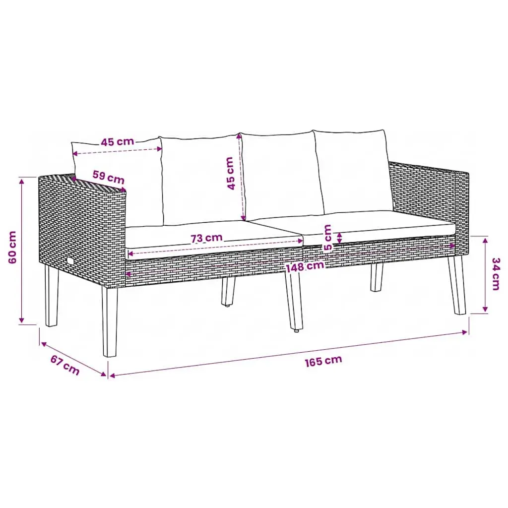 2-Seater Garden Sofa Black Poly Rattan Outdoor Lounge Couch with Cushions