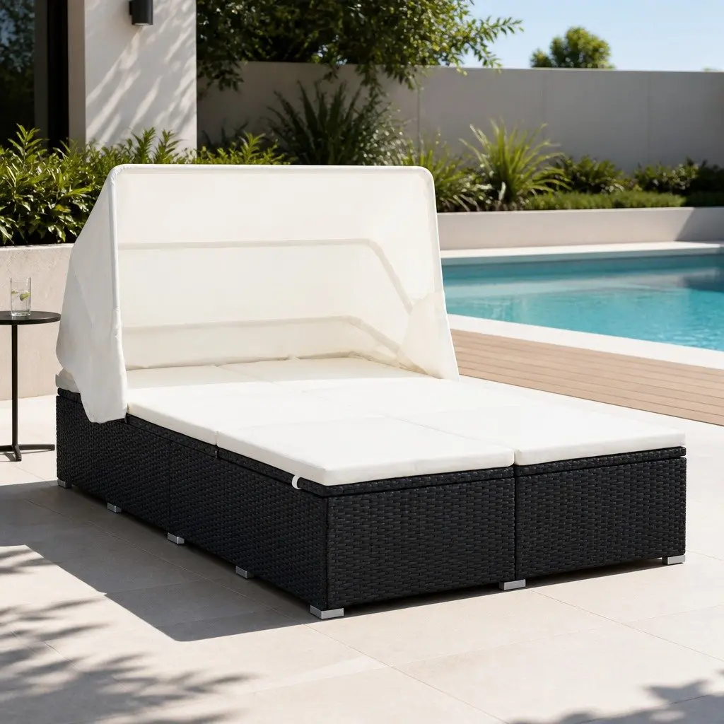 2-Person Sunbed Lounger Powder-Coated Steel PE Rattan Black with Cushion Foldable Roof