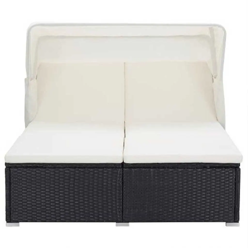 2-Person Sunbed Lounger Powder-Coated Steel PE Rattan Black with Cushion Foldable Roof