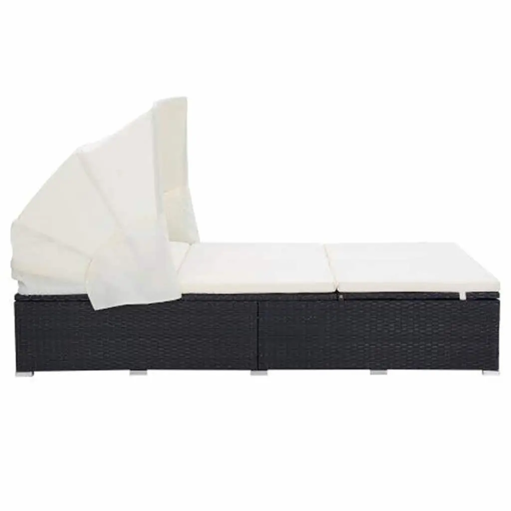 2-Person Sunbed Lounger Powder-Coated Steel PE Rattan Black with Cushion Foldable Roof