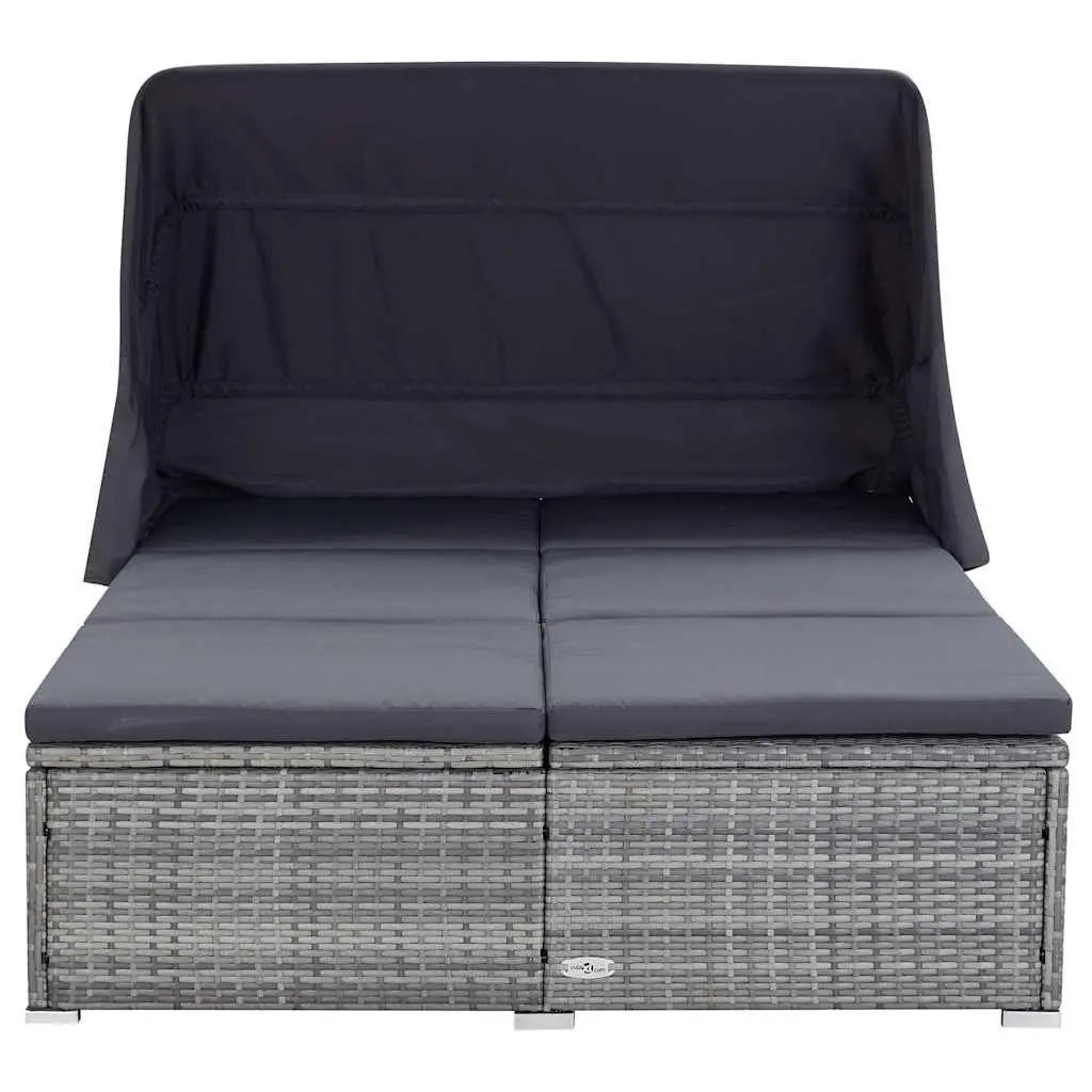 2-Person Sunbed Lounger Powder-Coated Steel Frame PE Rattan Grey with Adjustable Canopy Cushion