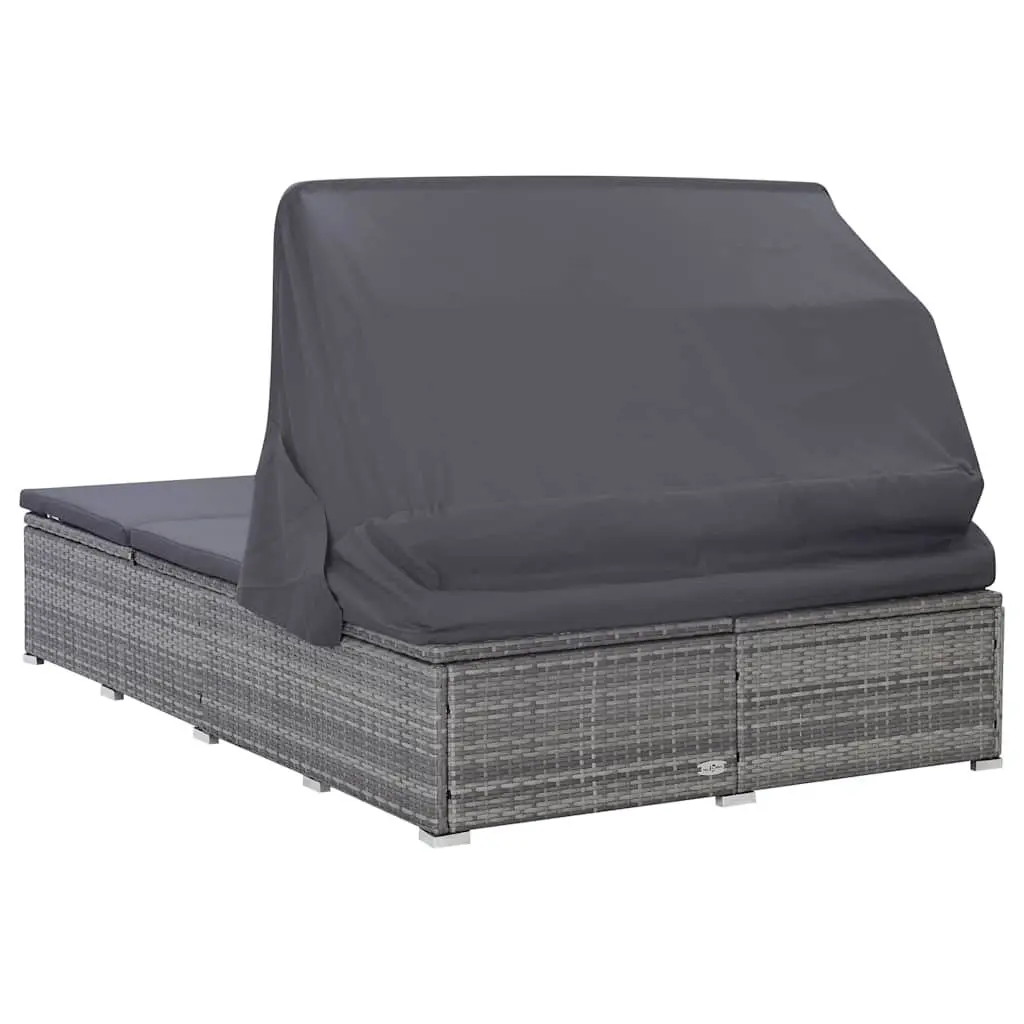 2-Person Sunbed Lounger Powder-Coated Steel Frame PE Rattan Grey with Adjustable Canopy Cushion