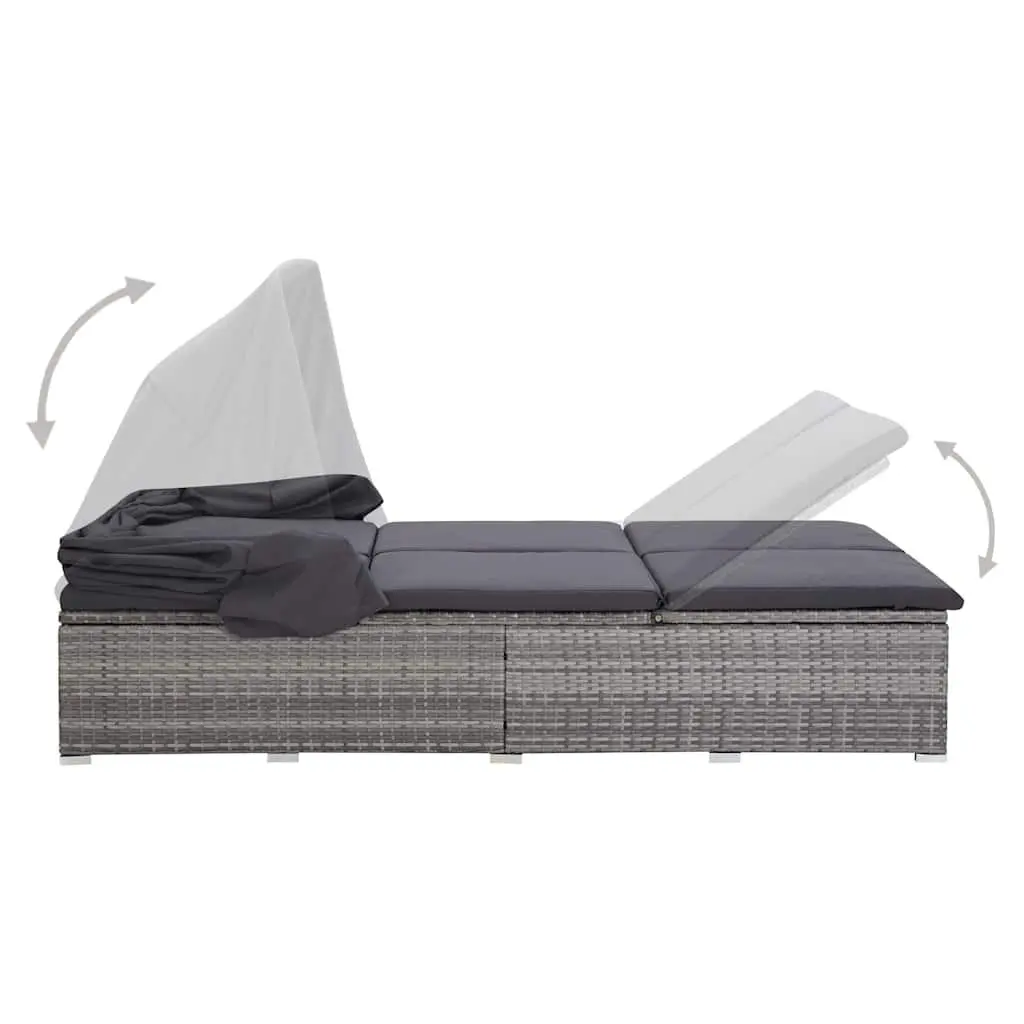 2-Person Sunbed Lounger Powder-Coated Steel Frame PE Rattan Grey with Adjustable Canopy Cushion