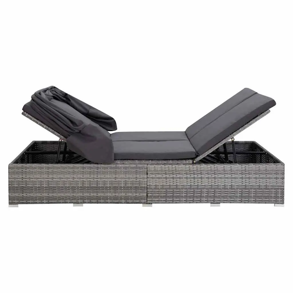 2-Person Sunbed Lounger Powder-Coated Steel Frame PE Rattan Grey with Adjustable Canopy Cushion