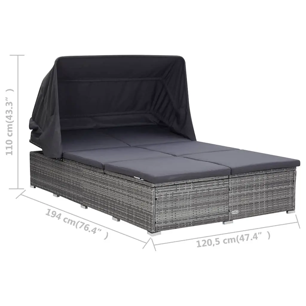 2-Person Sunbed Lounger Powder-Coated Steel Frame PE Rattan Grey with Adjustable Canopy Cushion