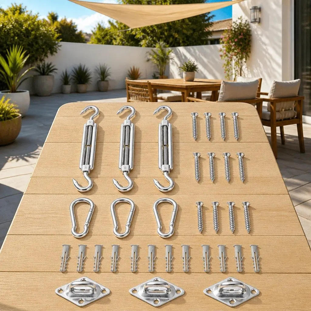 Sunshade Sail Fittings Set Stainless Steel Adjustable Turnbuckle Carabiners Pad Eyes 9 Piece