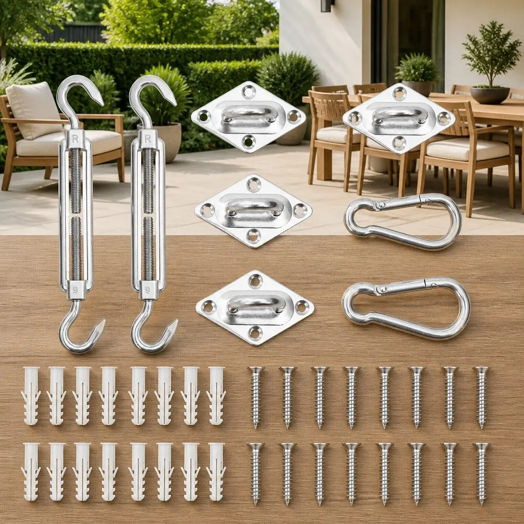 Sunshade Sail Fitting Set 8 Pieces Stainless Steel Adjustable Turnbuckles Carabiners Pad Eyes