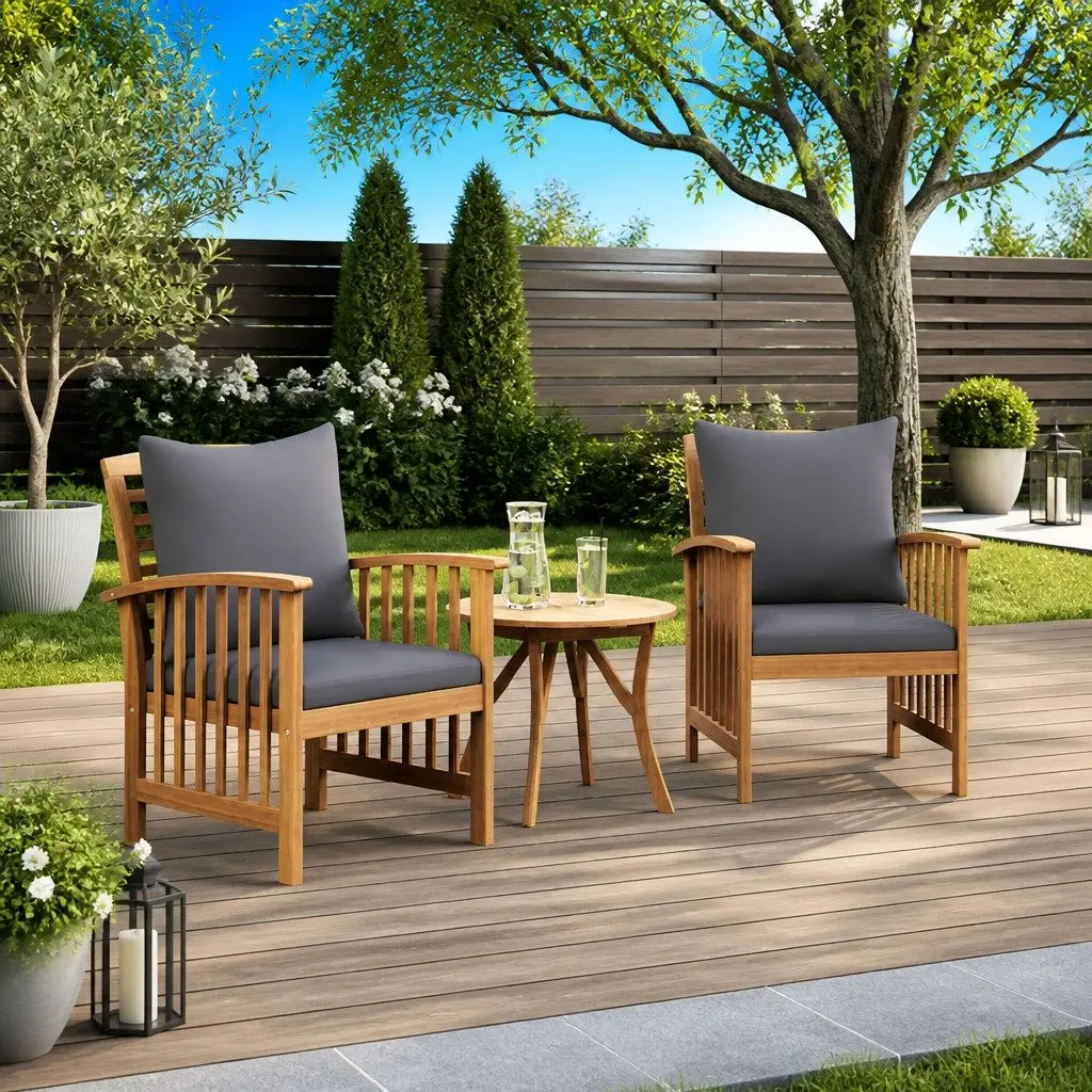 Outdoor Garden Chairs Solid Acacia Wood Grey 2 Piece Set with Cushions
