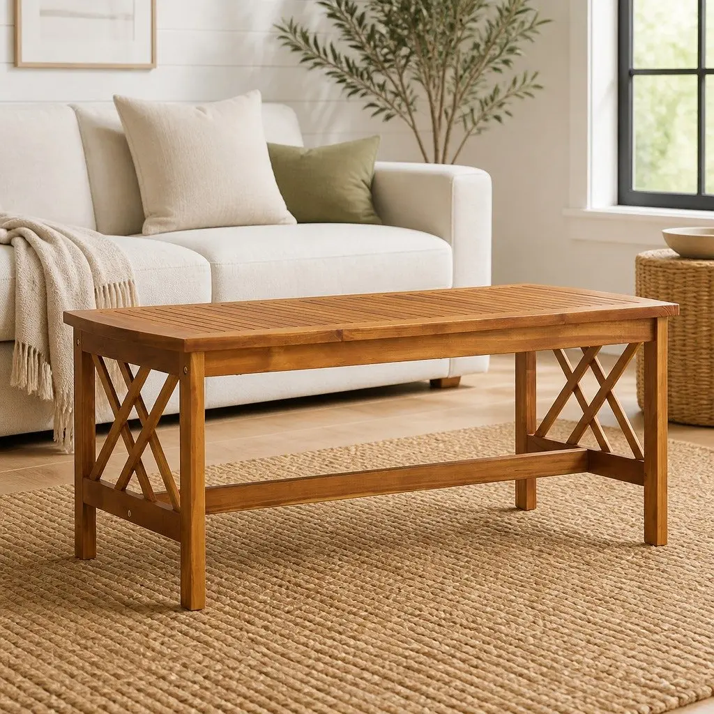 Coffee Table Solid Acacia Wood Brown Living Room Furniture Slatted Design