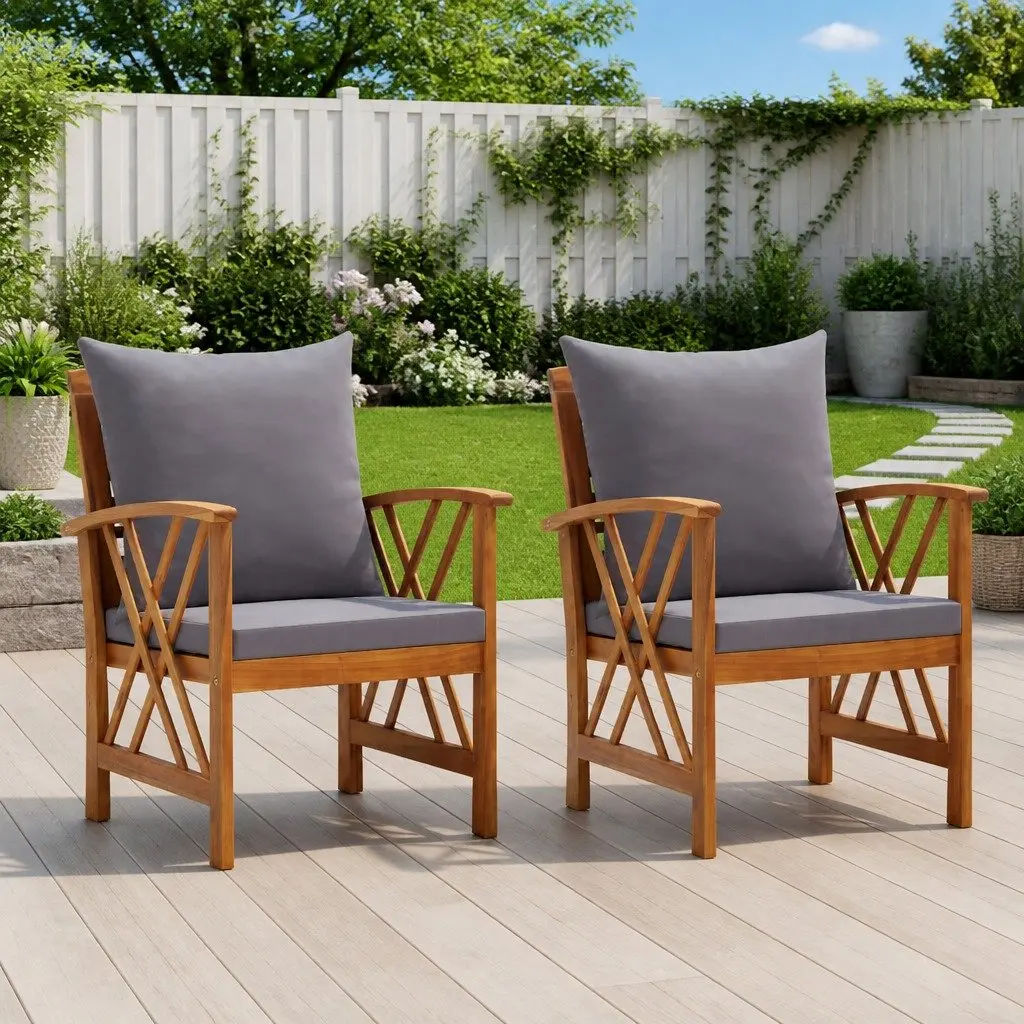Garden Chairs Set Solid Acacia Wood 2 Piece Grey Outdoor Seating with Cushions