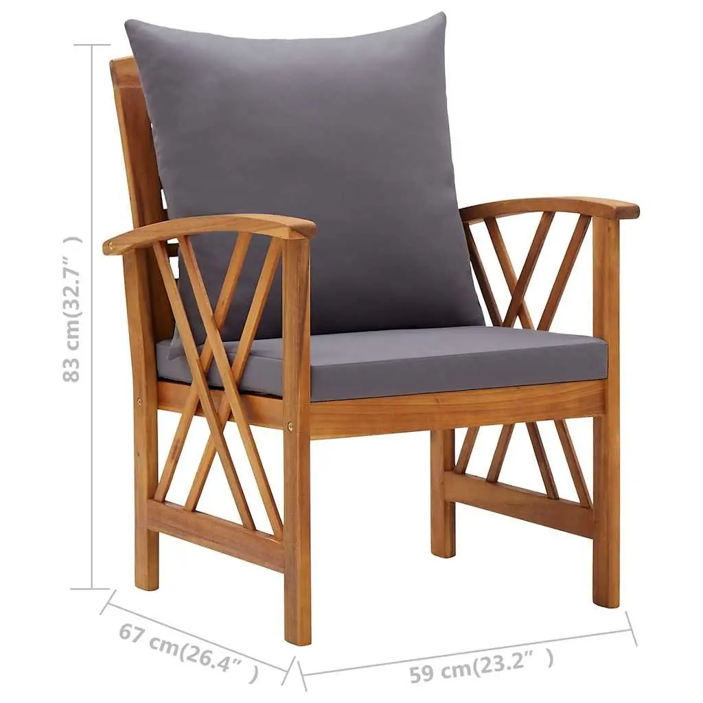 Garden Chairs Set Solid Acacia Wood 2 Piece Grey Outdoor Seating with Cushions