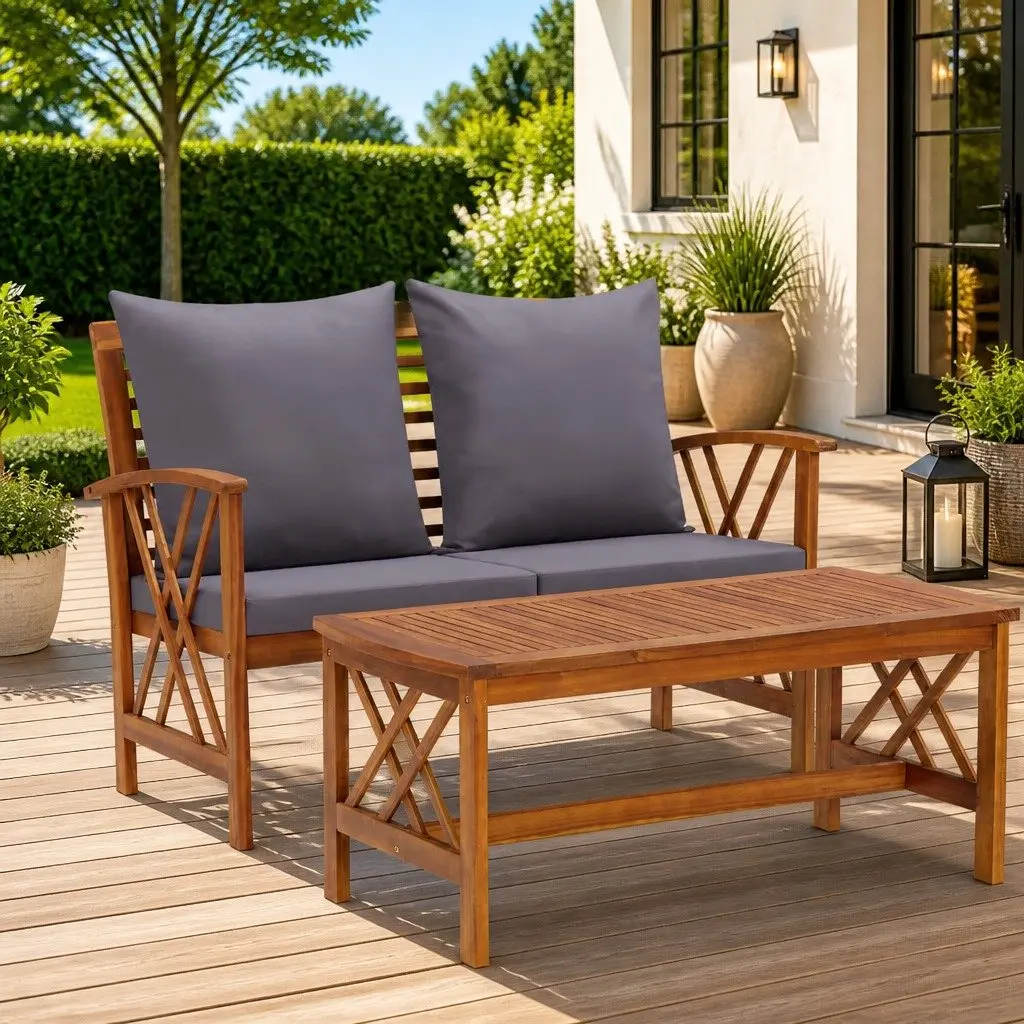2-Piece Garden Lounge Set Solid Acacia Wood Grey Bench Coffee Table Outdoor Furniture