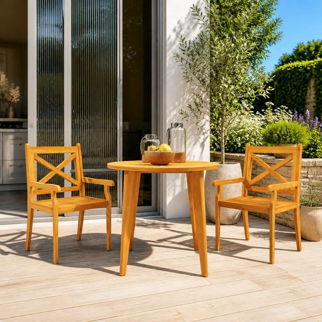 Outdoor Dining Chairs Solid Acacia Wood Brown 2 Piece Garden Patio Seating Armrest