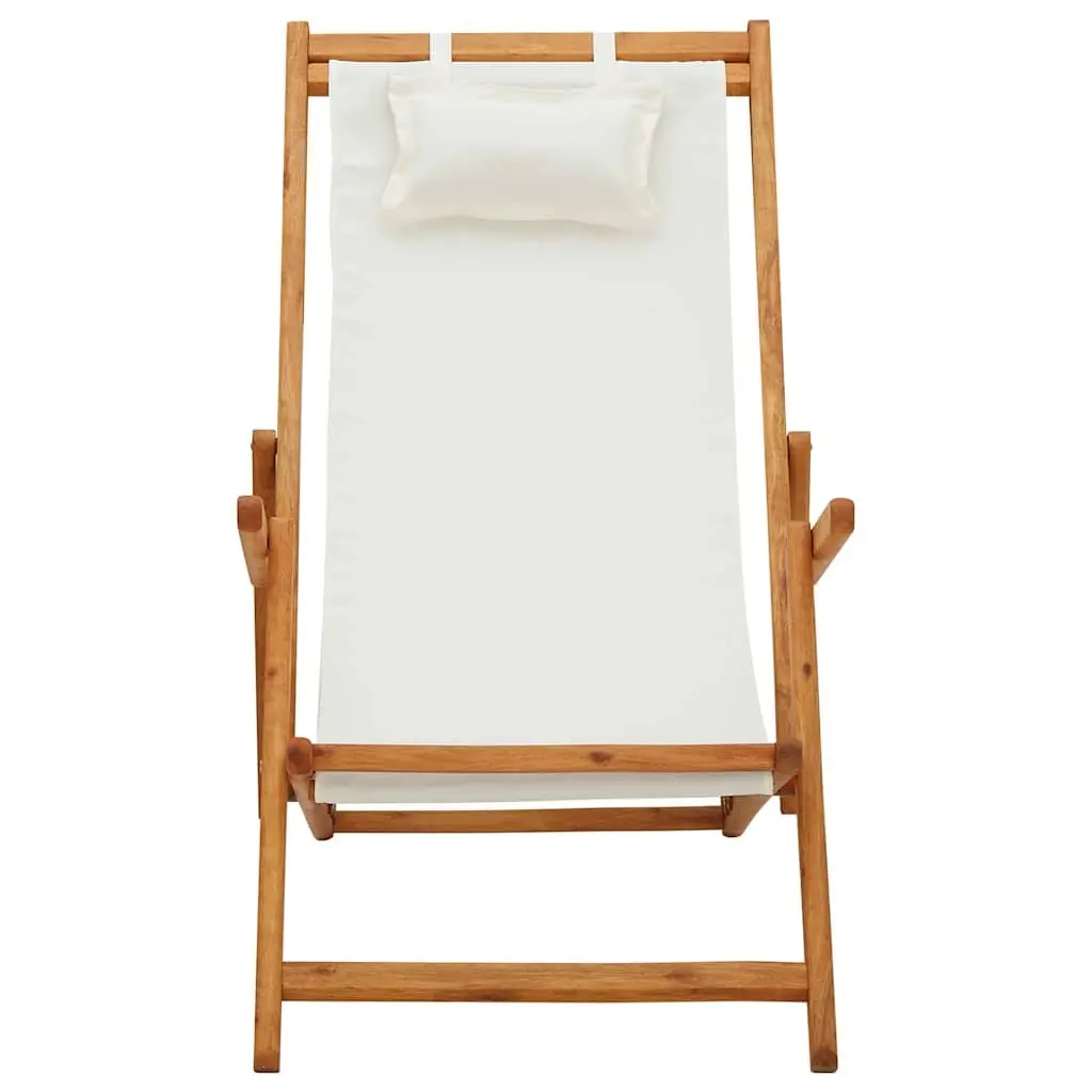 Folding Beach Chair Solid Eucalyptus Wood Cream Fabric Adjustable Reclining Outdoor Garden Patio Lounge Seat