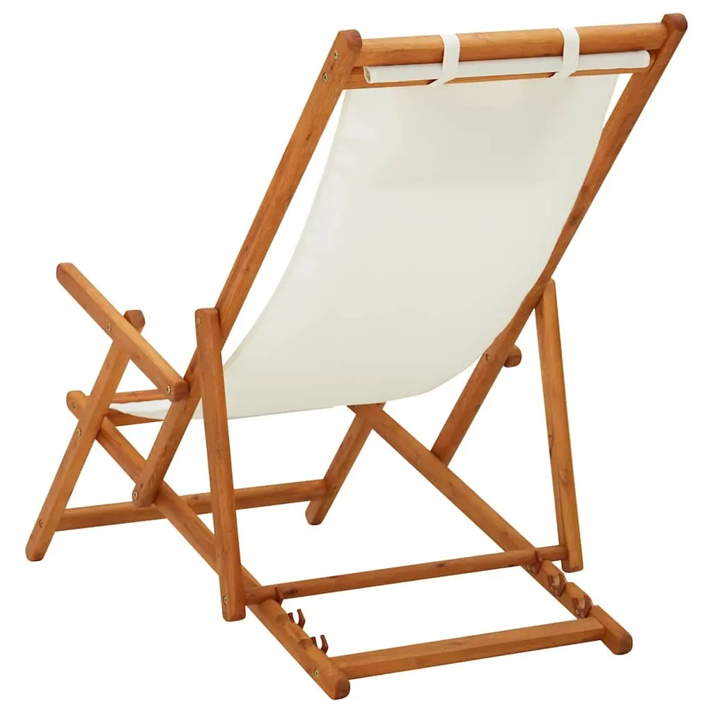 Folding Beach Chair Solid Eucalyptus Wood Cream Fabric Adjustable Reclining Outdoor Garden Patio Lounge Seat