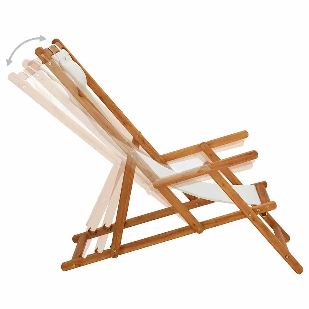 Folding Beach Chair Solid Eucalyptus Wood Cream Fabric Adjustable Reclining Outdoor Garden Patio Lounge Seat