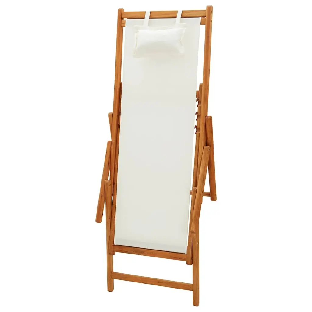 Folding Beach Chair Solid Eucalyptus Wood Cream Fabric Adjustable Reclining Outdoor Garden Patio Lounge Seat