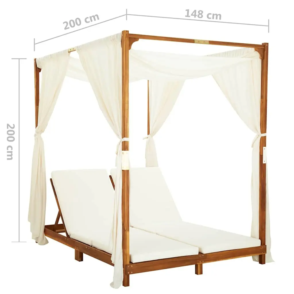 Double Sun Lounger Solid Acacia Wood Garden Patio Furniture Cream Cushions