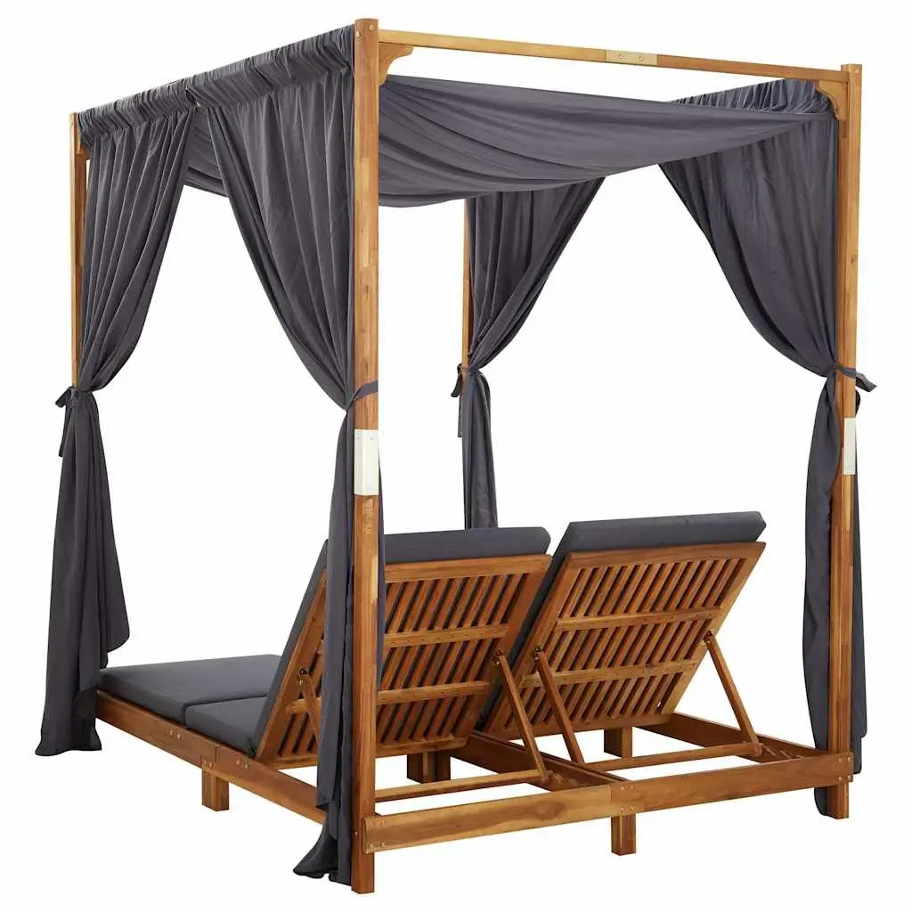 Double Sun Lounger Solid Acacia Wood Foldable Grey