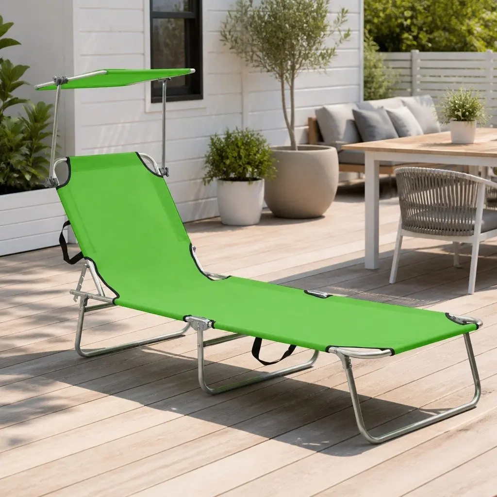 Sun Lounger Folding Steel Adjustable Backrest with Canopy Green
