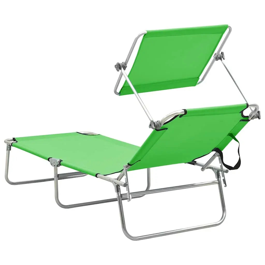 Sun Lounger Folding Steel Adjustable Backrest with Canopy Green