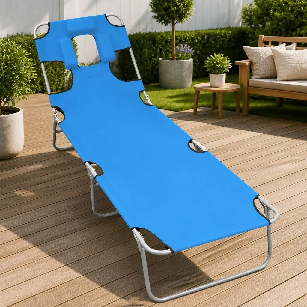 Folding Sun Lounger Adjustable Backrest Head Cushion Steel Frame Blue