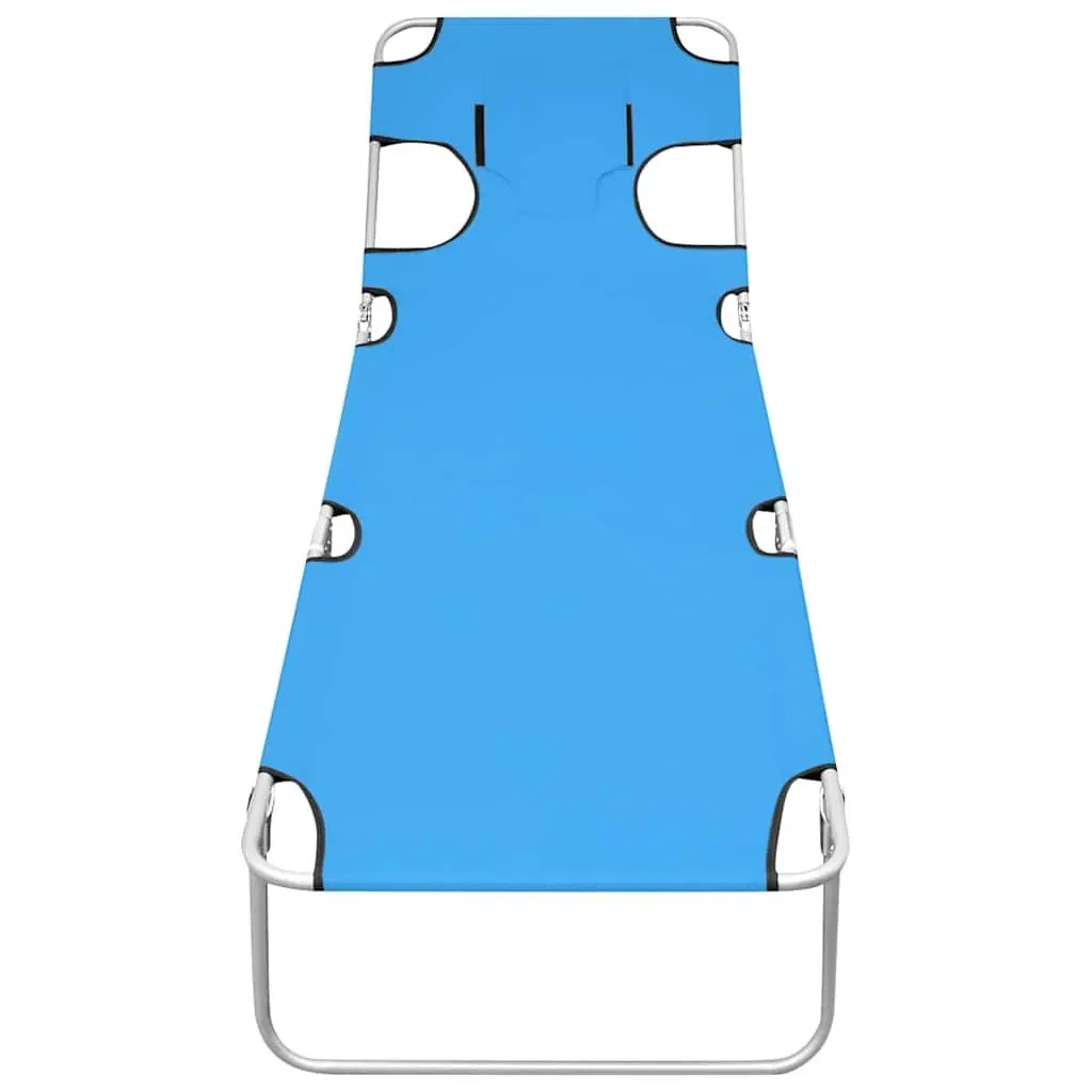 Folding Sun Lounger Adjustable Backrest Head Cushion Steel Frame Blue