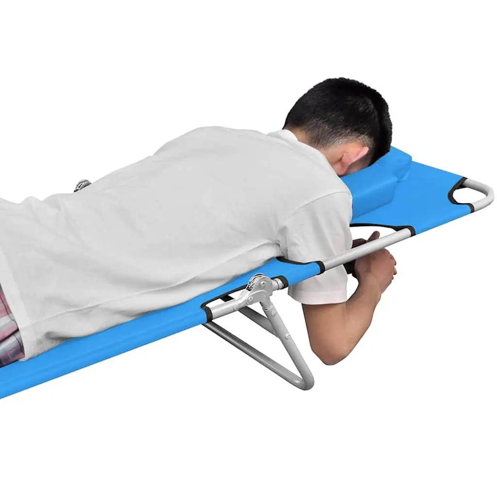 Folding Sun Lounger Adjustable Backrest Head Cushion Steel Frame Blue