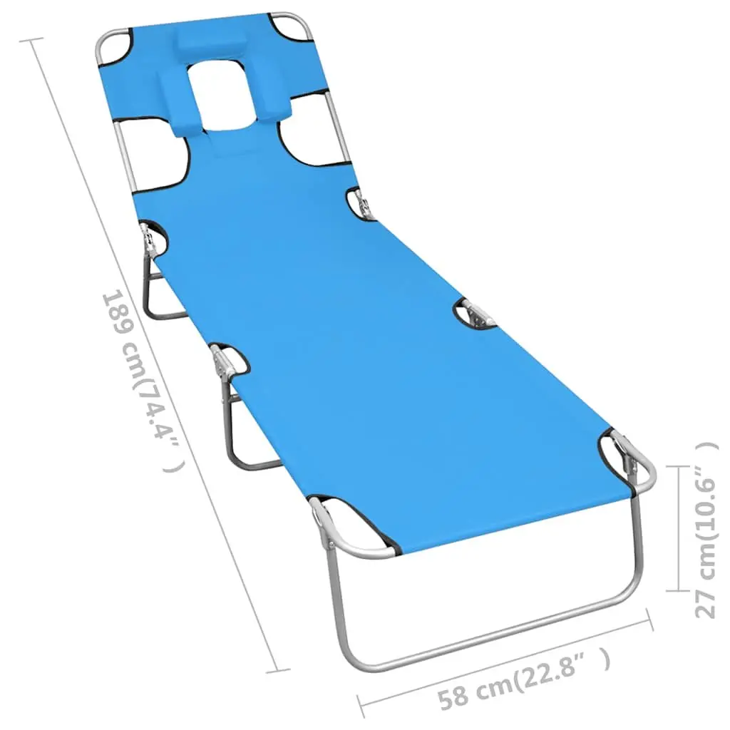 Folding Sun Lounger Adjustable Backrest Head Cushion Steel Frame Blue