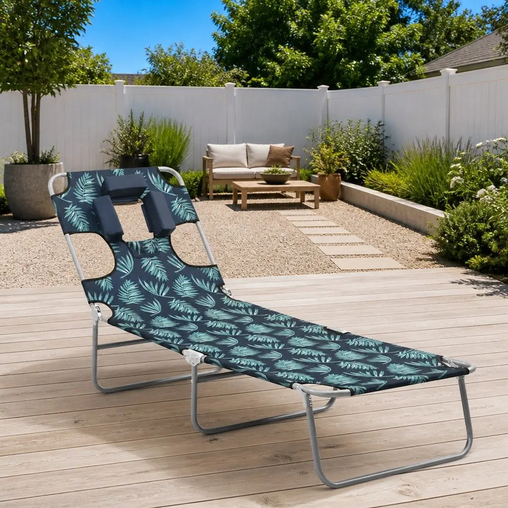 Folding Sun Lounger Adjustable Backrest Soft Head Cushion Green with Leaves Print for Garden and Beach