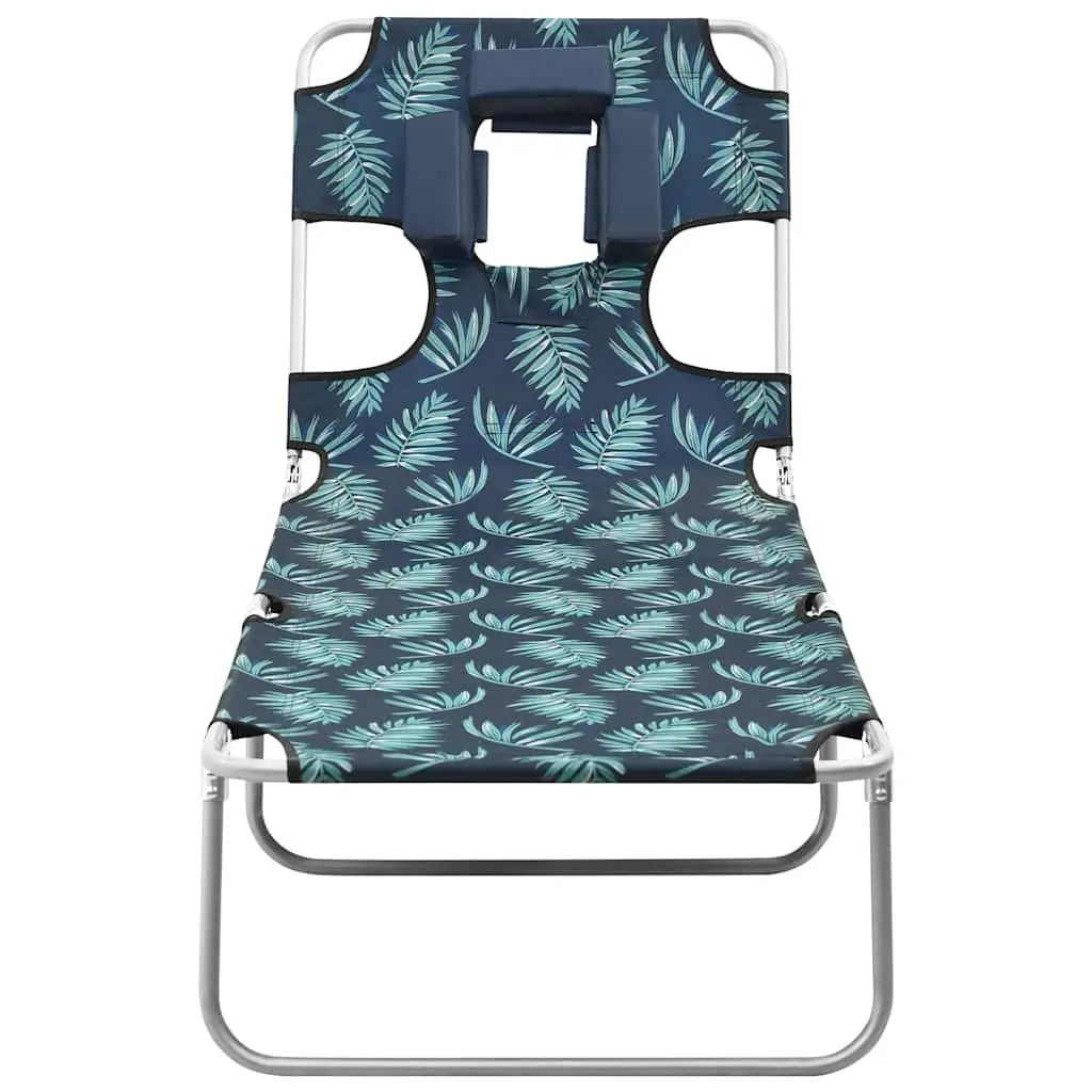Folding Sun Lounger Adjustable Backrest Soft Head Cushion Green with Leaves Print for Garden and Beach